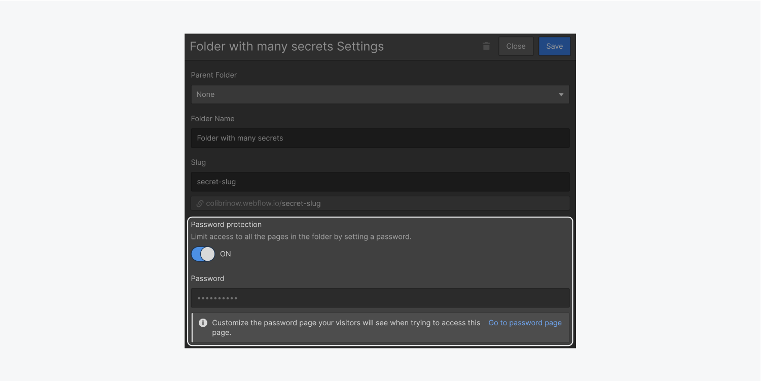 The folder settings panel includes a parent folder dropdown menu, folder name input field, slug input field, on/off switch for password protection and a password input field. The password protection area is highlighted.