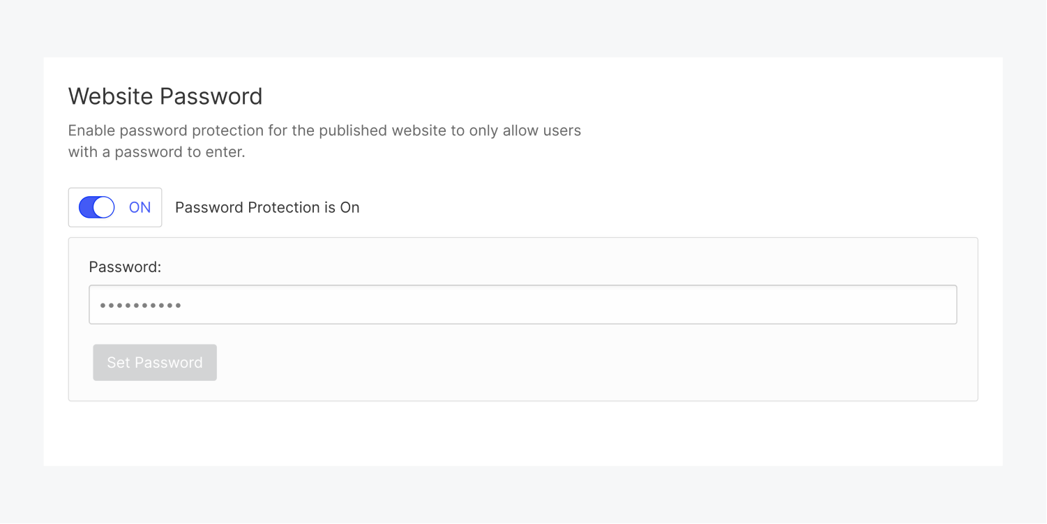 The project settings includes a website password section that includes a on/off switch and password text input field. There is also a set password button.