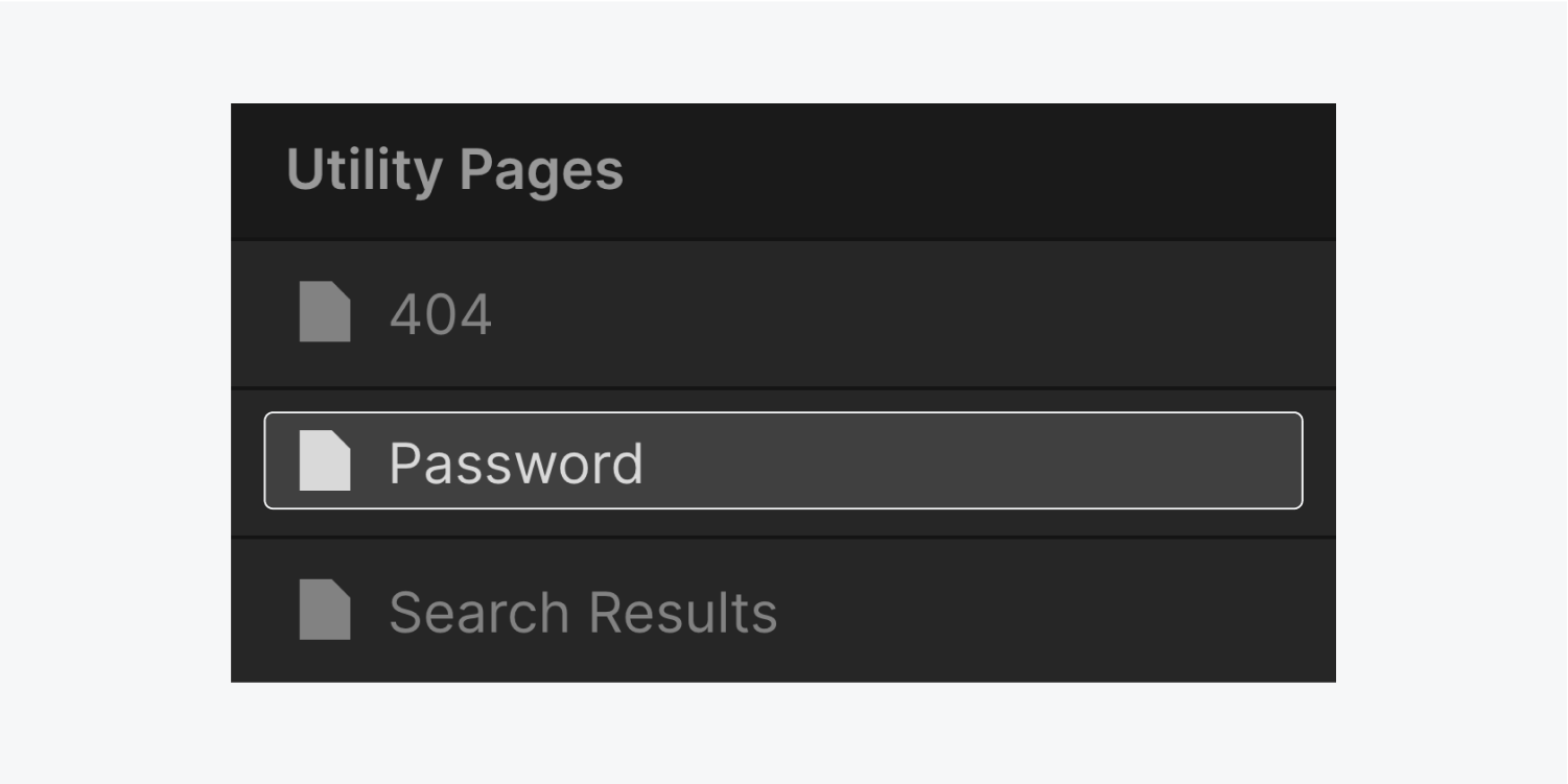 The utility pages section in the pages panel includes three pages. The three pages are titled 404, Password (highlighted) and Search Results.