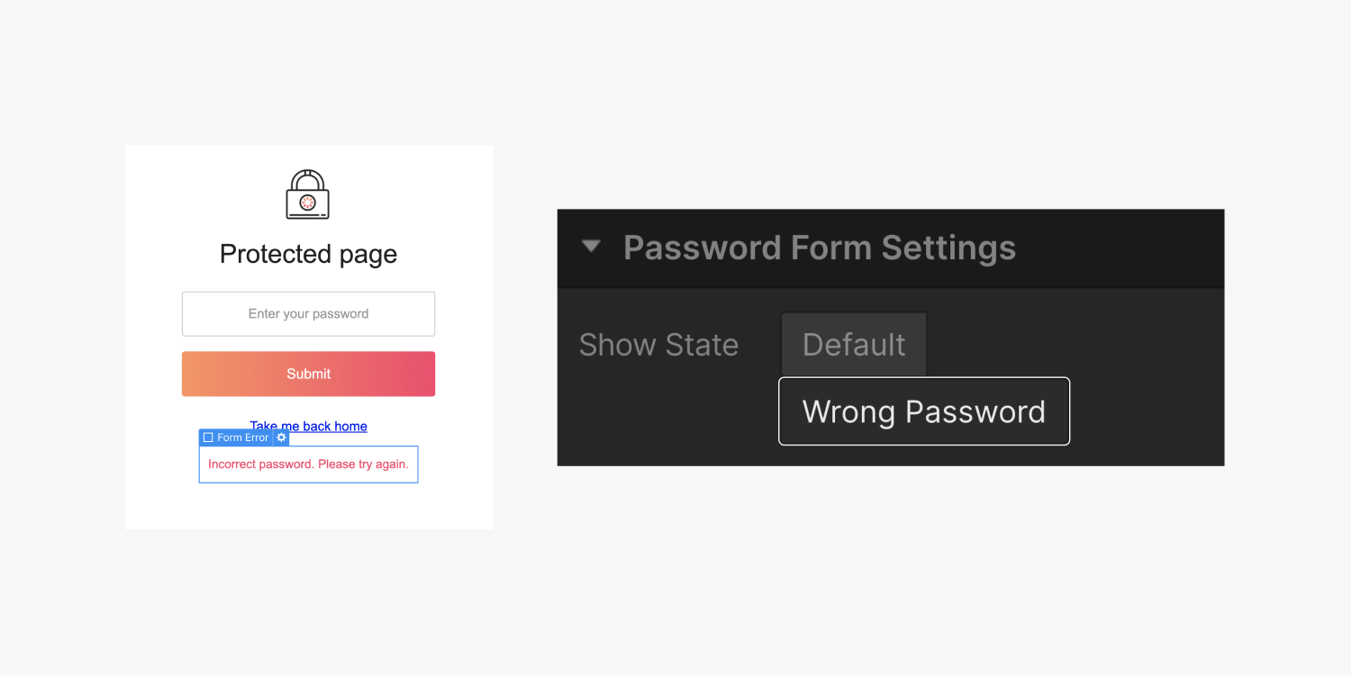 在左侧，选择了一个表单错误元素。在右侧，密码表单设置部分包括两种显示状态，默认密码和错误密码。