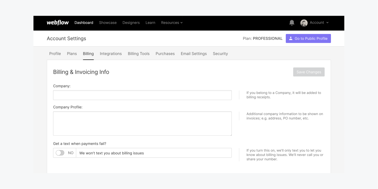 The billing tab of the account settings page starts with the Billing & Invoicing info section.