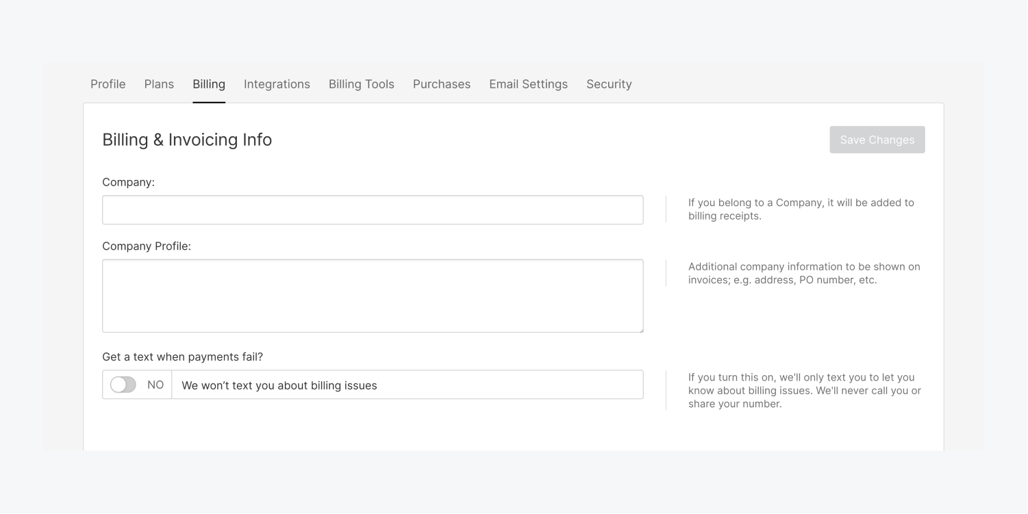 The billing & invoicing info section includes text input fields for Company and Company profile. There is a switch button to turn on/off "Get a text when payments fail?" and a save changes button.