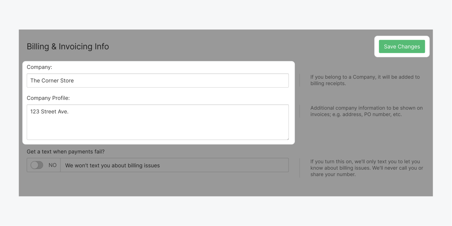 The company, company profile and save changes button sections are highlighted in the Billing & Invoicing Info section of the billing tab.