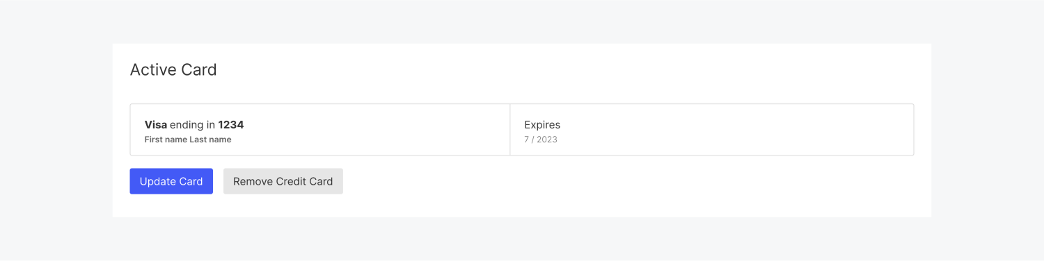 The Active card includes the last four digits of the card used, the expiration date and a blue update card button next to a gray remove credit card button.