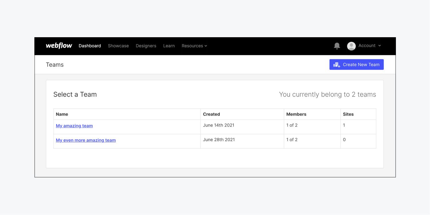 Webflow’s “Select a Team” section displays links to any teams you may be a part of.