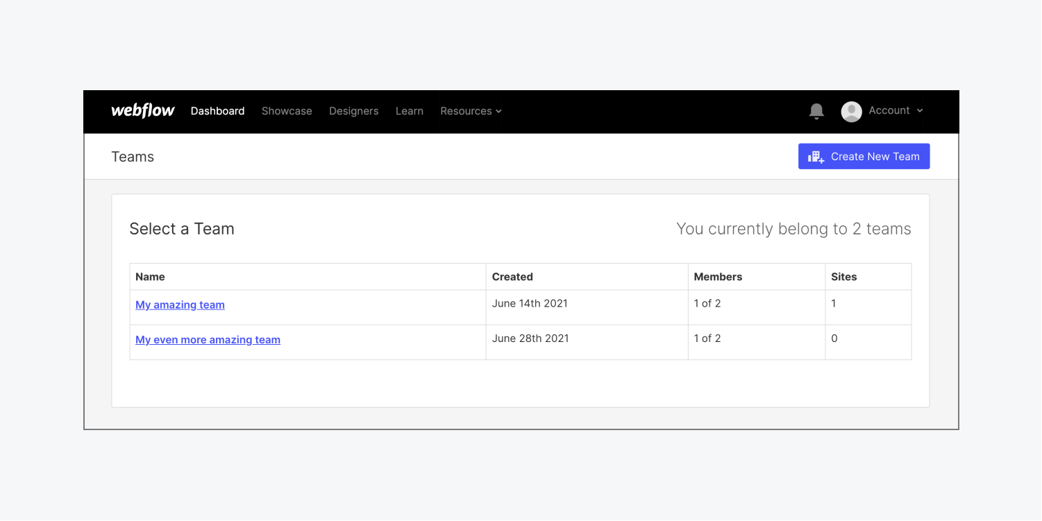 Webflow的“选择团队”部分显示到任何你可能是其中一员的团队的链接。