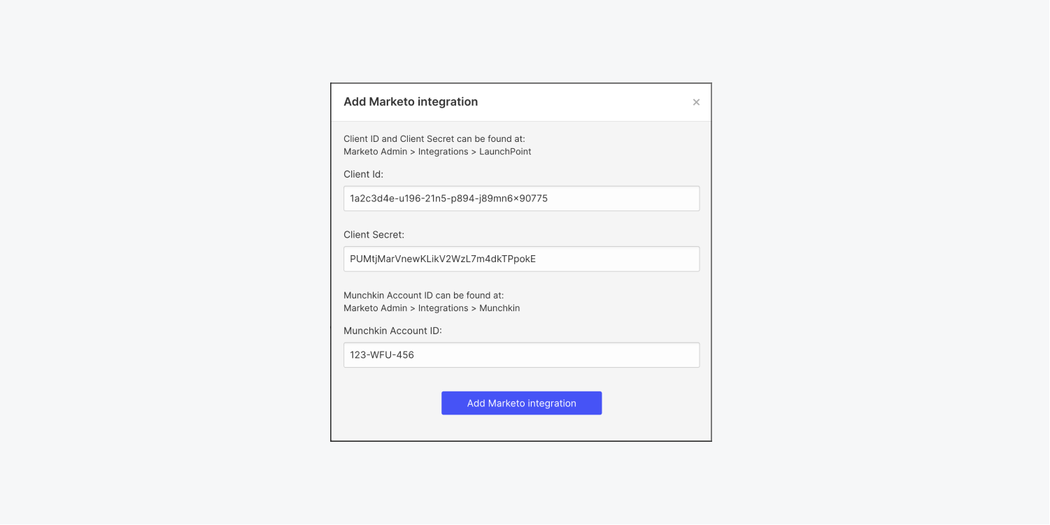 Webflow’s “Add Marketo integration” modal is shown with fields where the Marketo Client ID, Client Secret, and Munchkin Account ID can be entered.