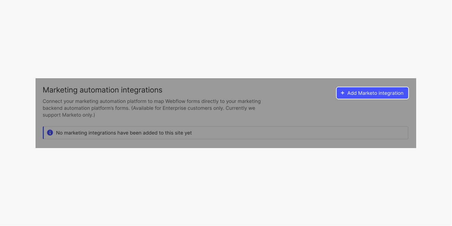 Webflow’s “Add Marketo integration” button is highlighted in the Marketing automation integrations section of a team’s Integrations tab.