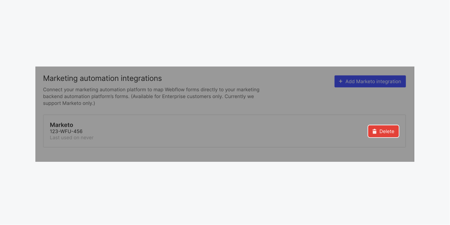 A “Delete” button is highlighted in the Marketing automation integrations section to illustrate how to delete a Marketo integration.