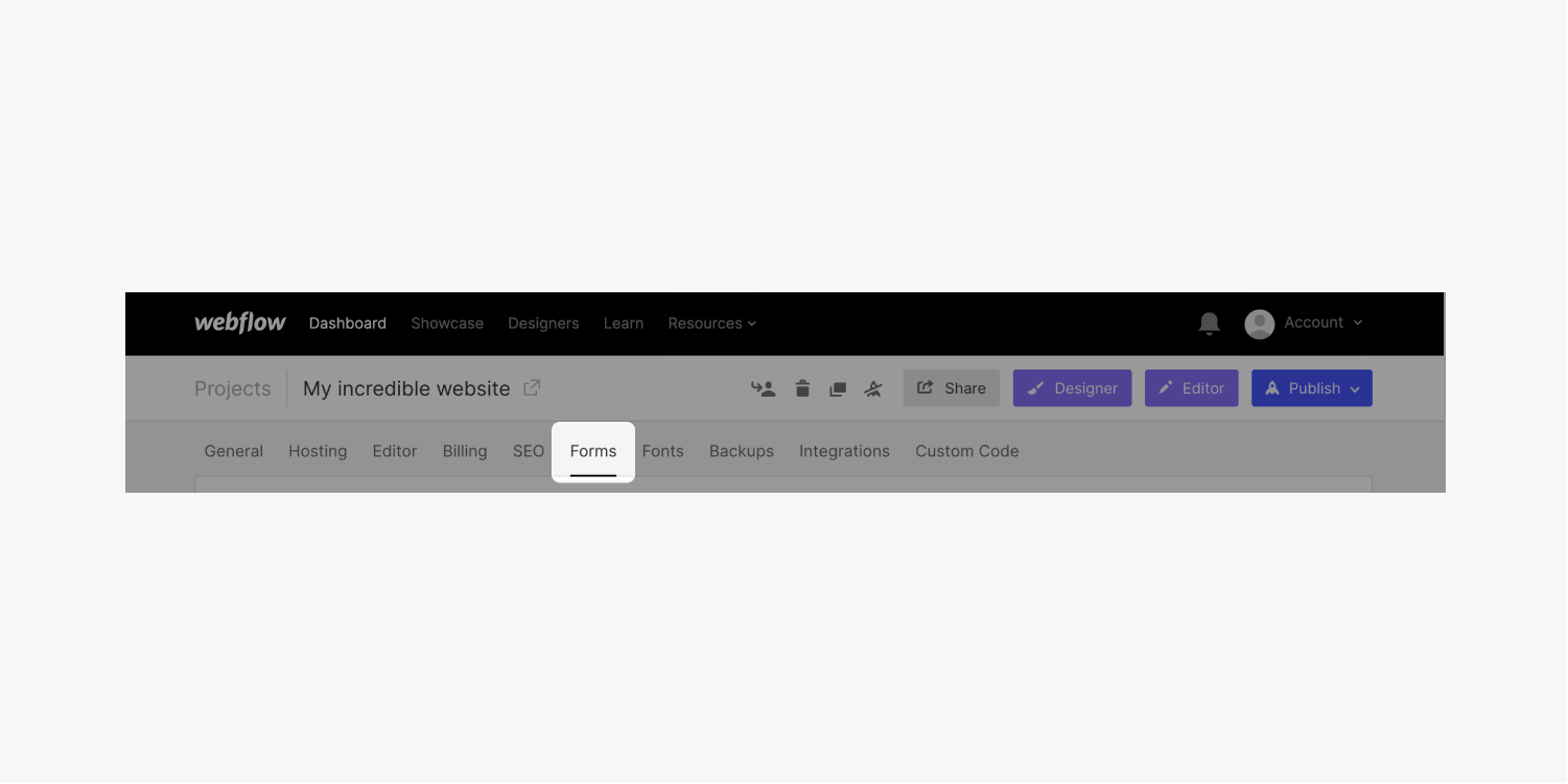 Webflow’s “Forms” tab of a project’s settings is highlighted.
