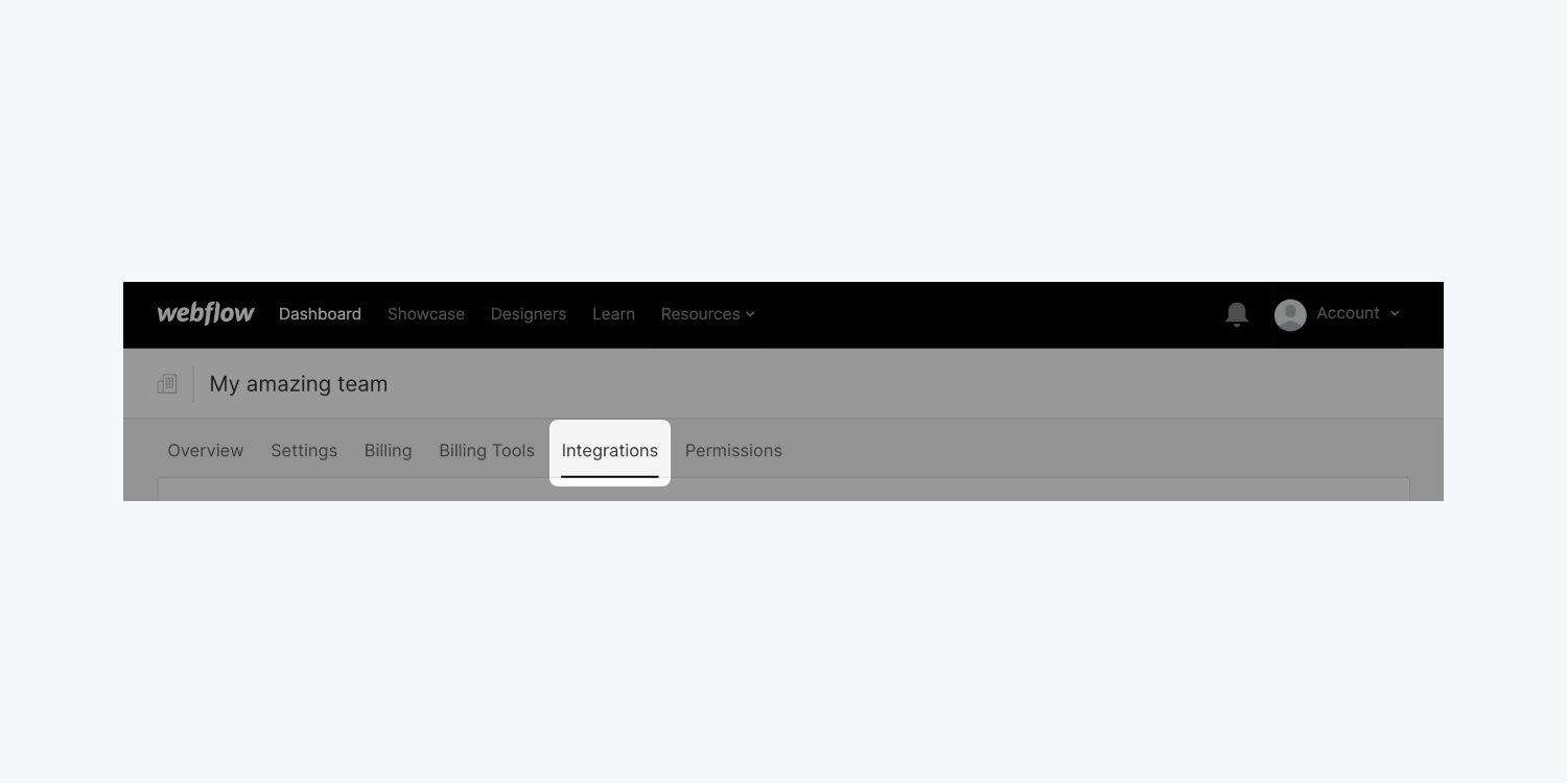 Webflow’s “Integrations” tab of a team’s settings is highlighted.