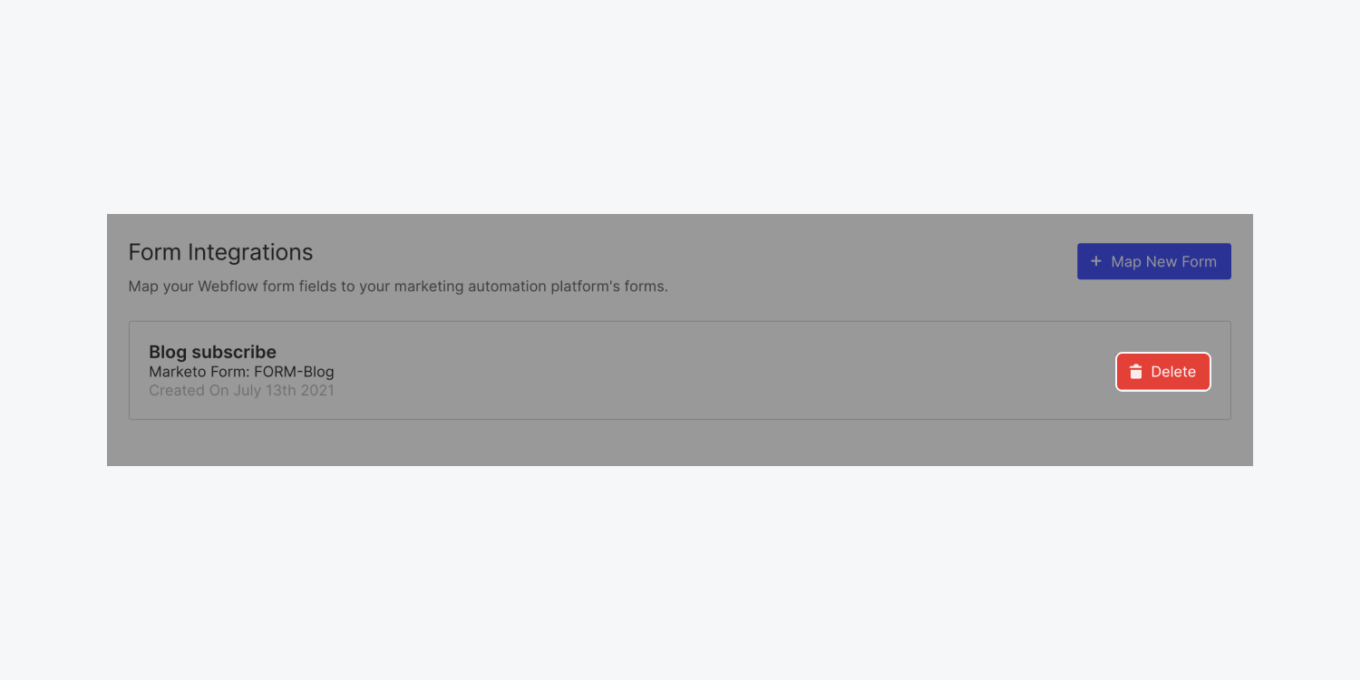 A “Delete” button is highlighted in the Form Integrations section to illustrate how to delete a Marketo form integration.
