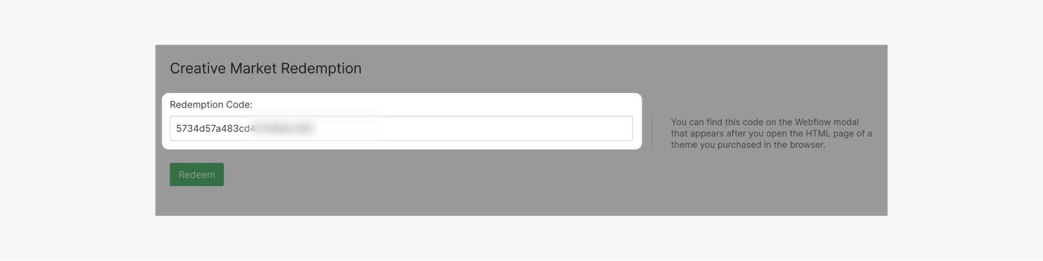 The redemption code is entered in the Creative Market Redemption section of the Purchases tab inside of the Account settings. The redemption code input field is highlighted.