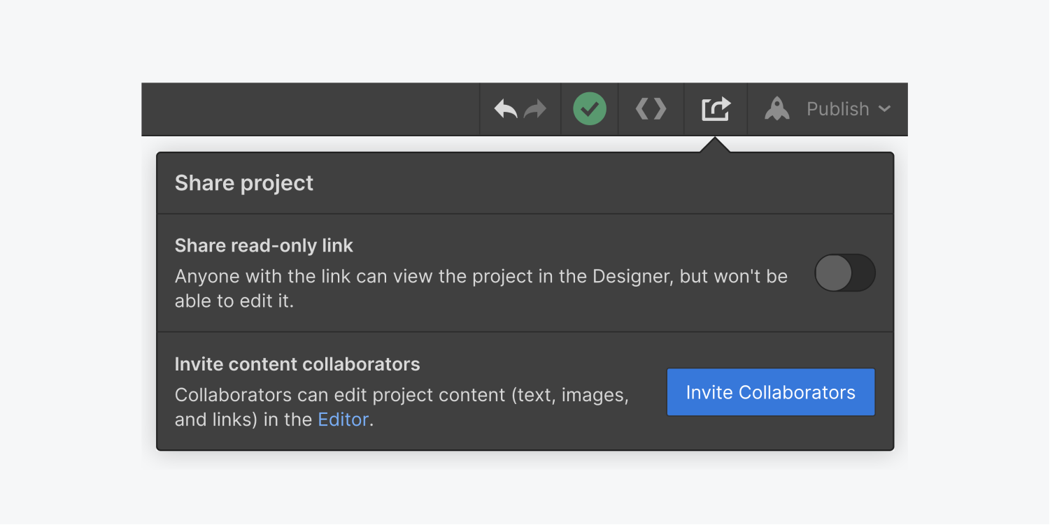The share project button is clicked on the top toolbar. The share project window includes a switch button to share a read-only link and a Invite Collaborators button.