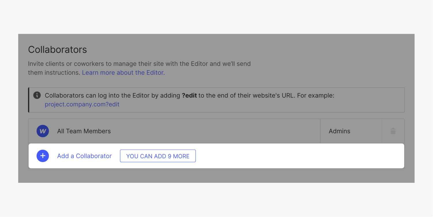 In the Collaborators section of the Editor tab, the "Add a Collaborator" button is highlighted. There is a blue plus icon, text "Add a collaborator" and notice "You can add 9 more".