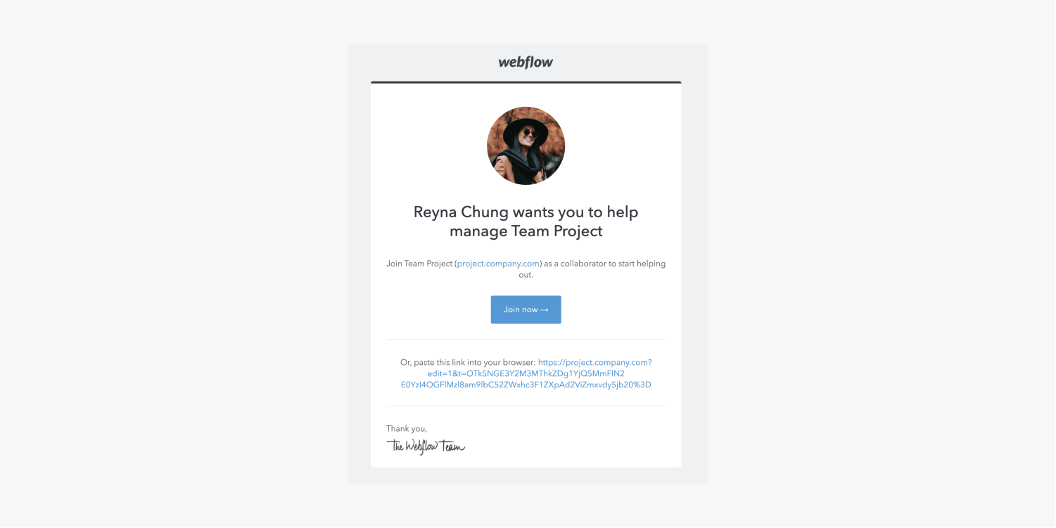 The confirmation email includes an image avatar of the person who invited you, detail of the project, a blue join now button and a link to paste into your browser.