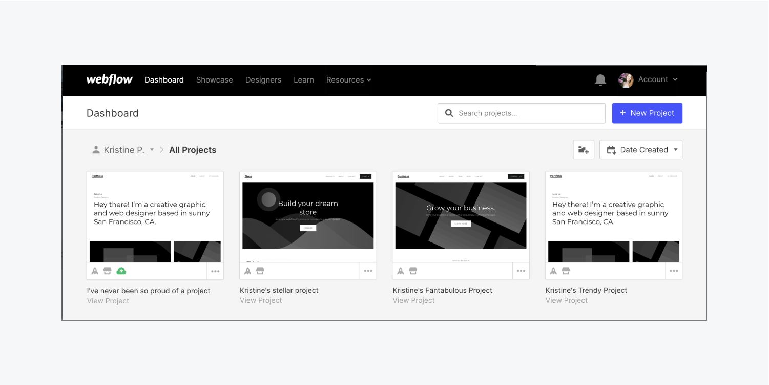 A Webflow individual account Dashboard is shown with 4 projects inside of it.