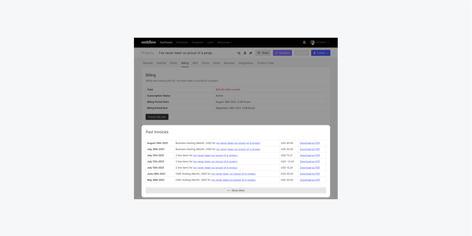 A project's Billing tab has the Past Invoices section highlighted.