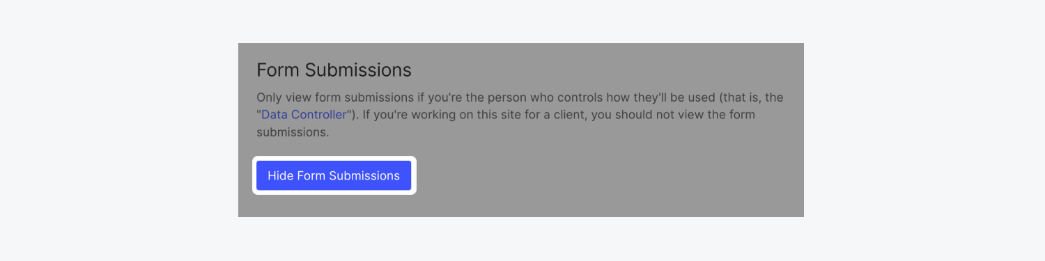 The “Hide Form Submissions” button is highlighted within the Forms tab of Site settings.