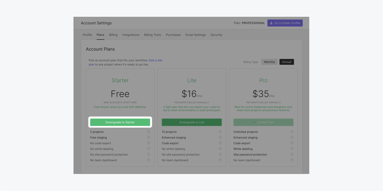 The downgrade to starter button is highlighted in Account settings under the plans tab.