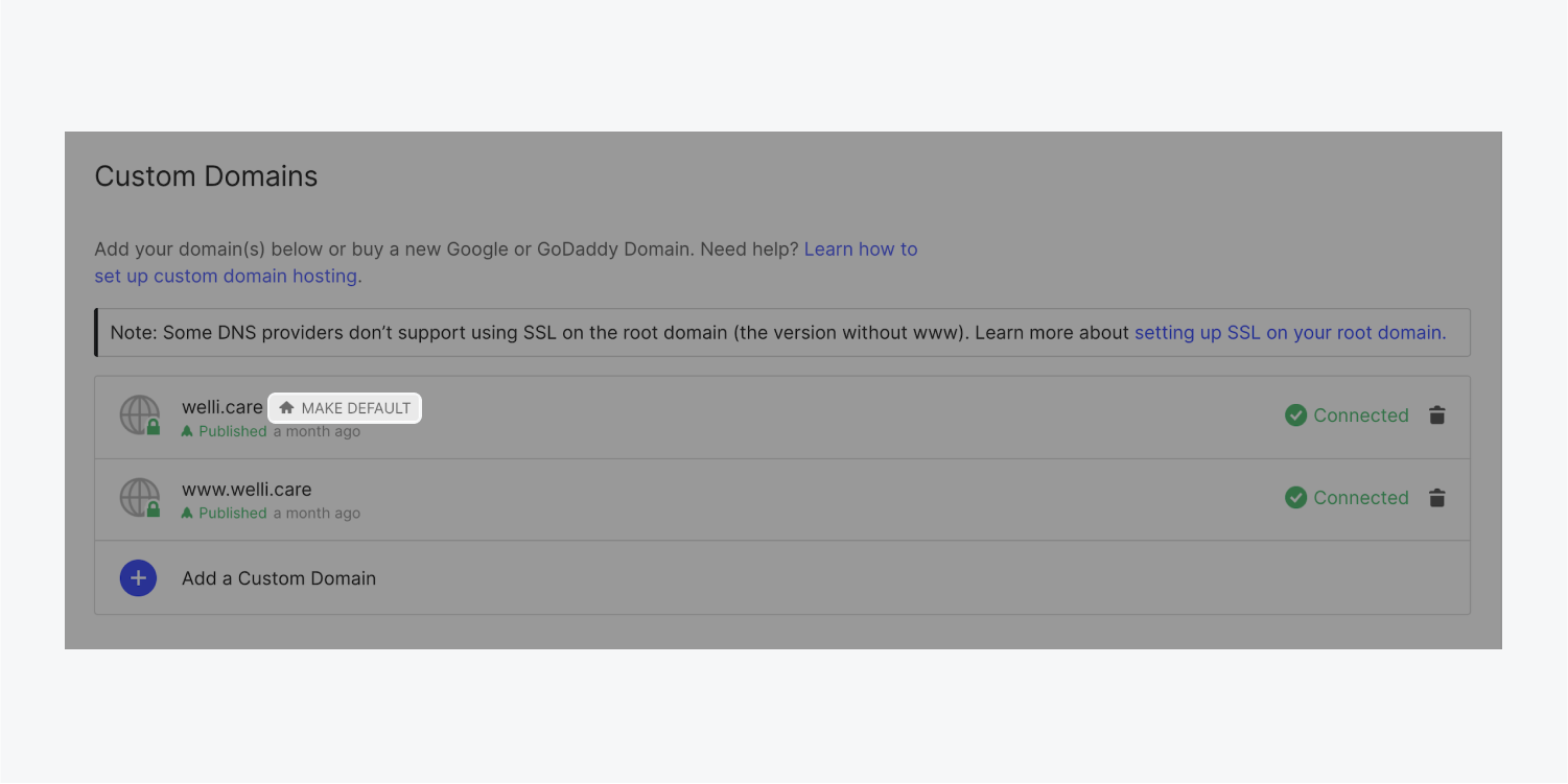 The “Make default” button is highlighted next to the root domain in the Custom domains section of the Publishing tab.
