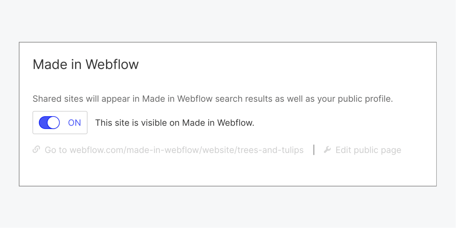 在“Made in Webflow”部分，这个开关被切换到“on”。