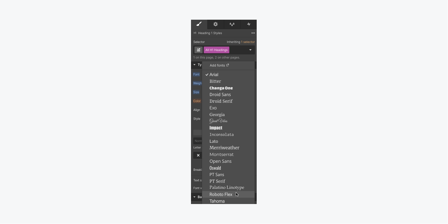 The Font dropdown is open to display a list of available font options. The mouse cursor hovers over a variable font called “Roboto Flex.”