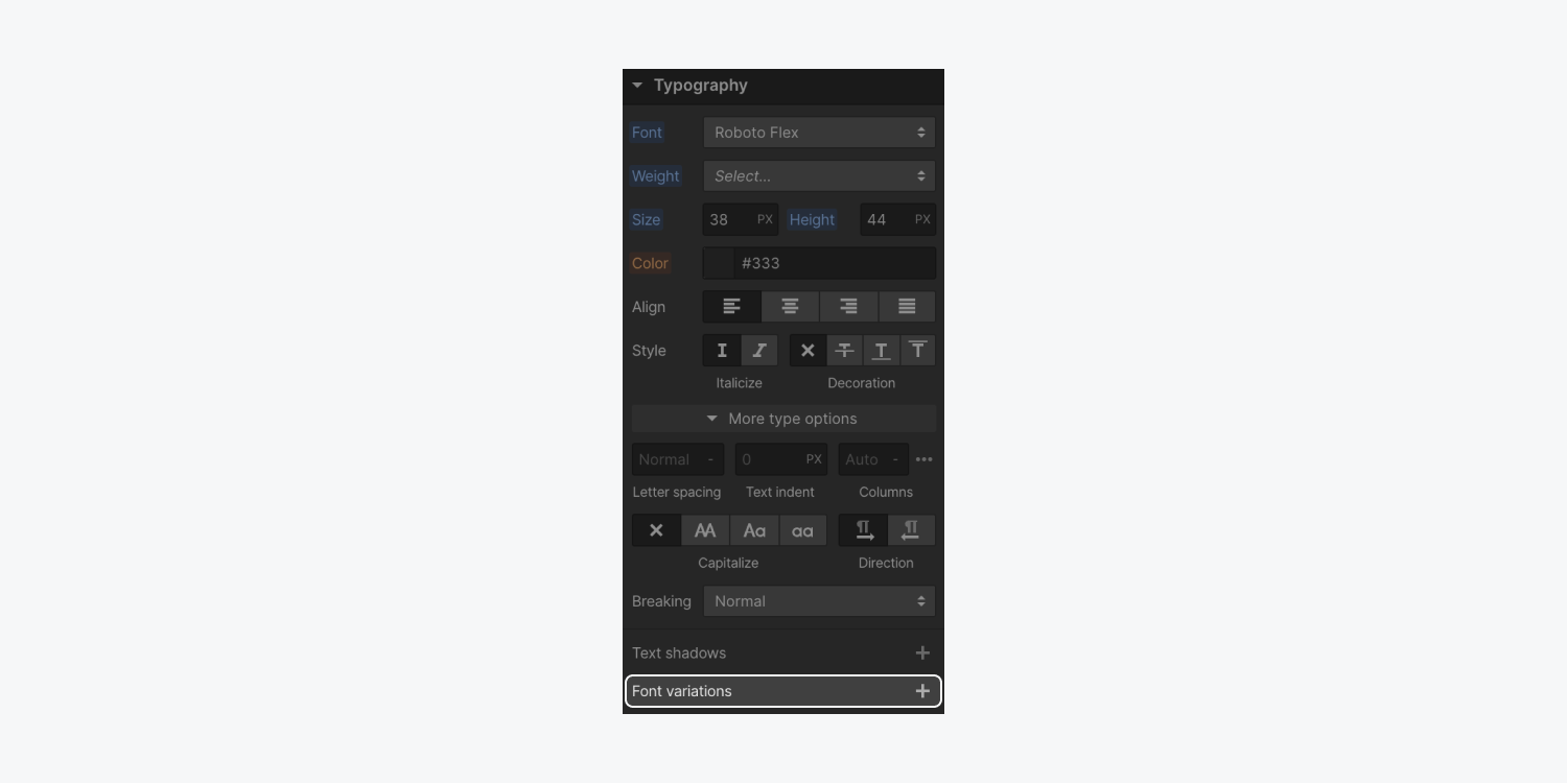Font variations highlighted under More type options.