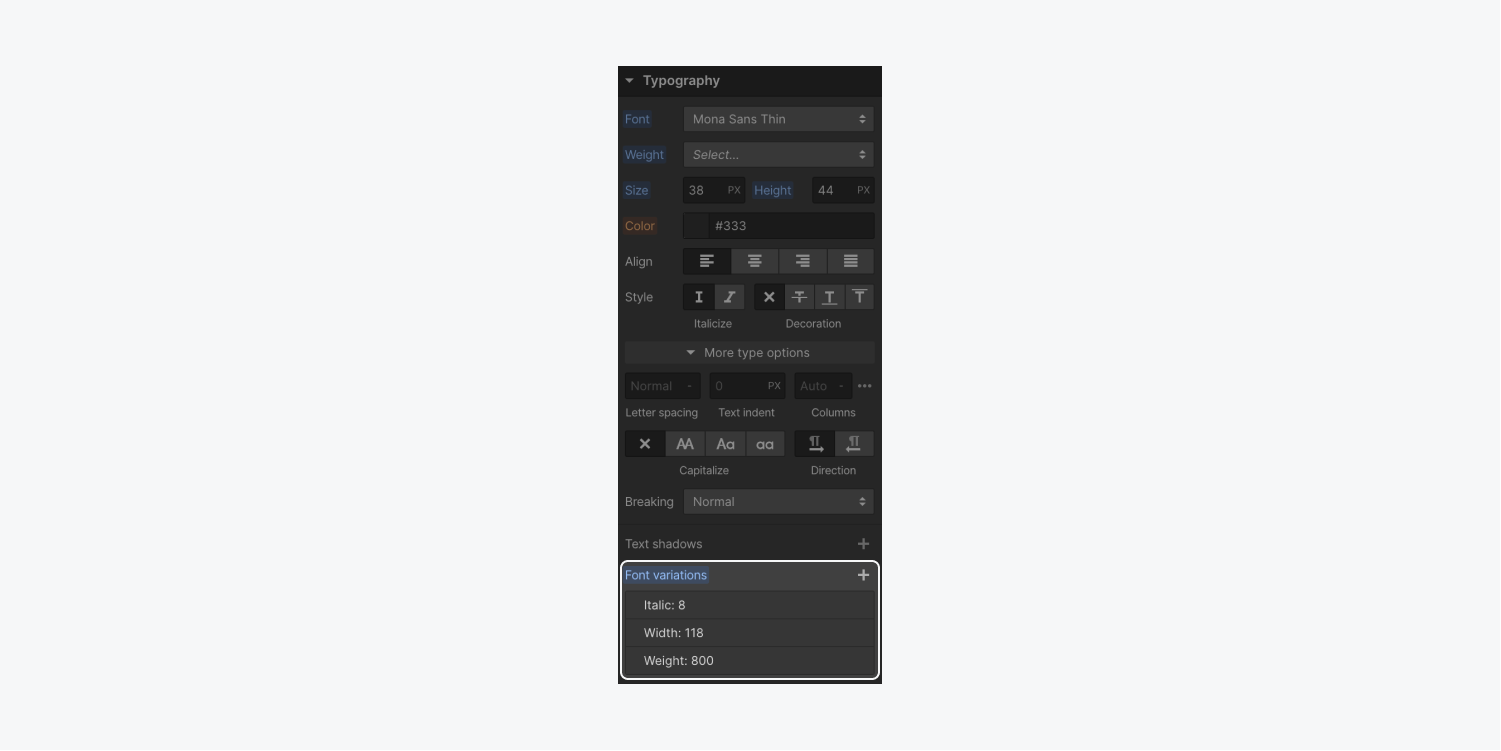 Italic, width, and weight font variations appear under Font variations in the Typography section of the Style panel.