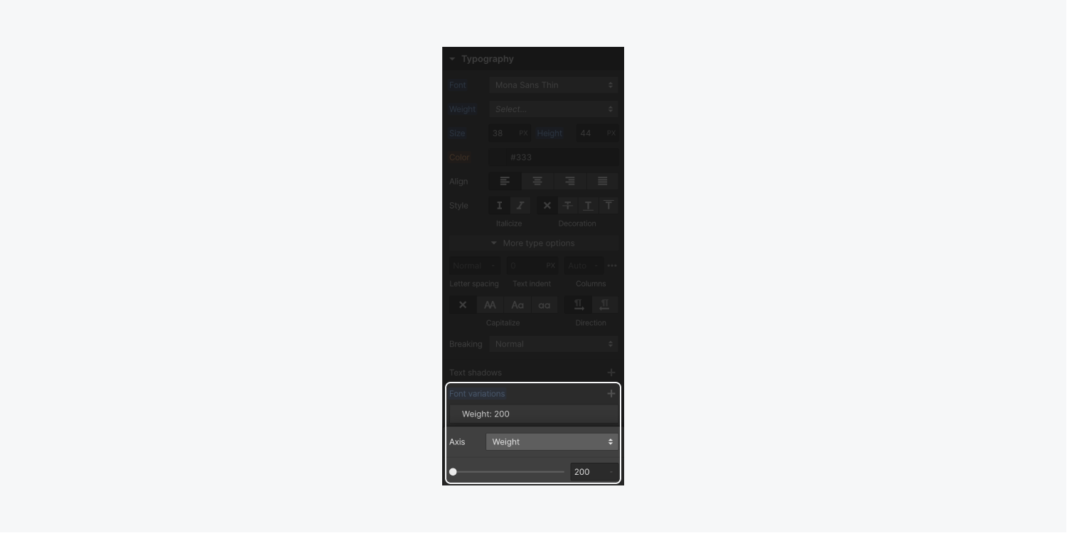 The editing menu for a custom “Weight” axis font variation.