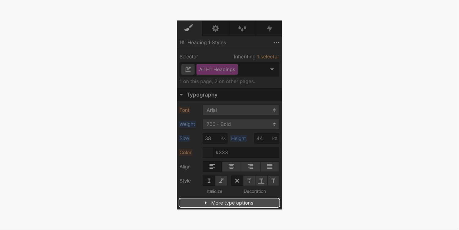 “More type options” is highlighted in the Typography section below basic typography styling options like alignment and style.