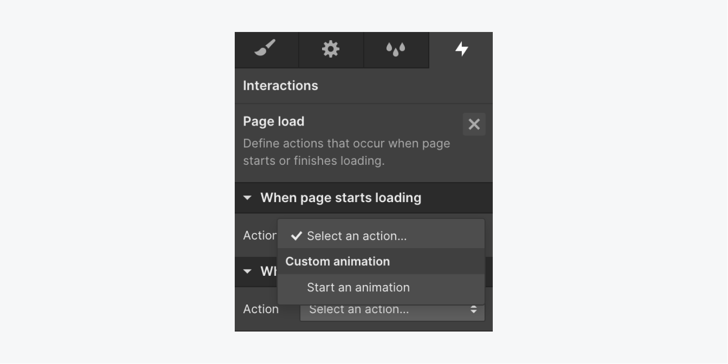 The Action dropdown under a Page load trigger’s “When page starts loading” section shows the option to “Start an animation” under Custom animation.