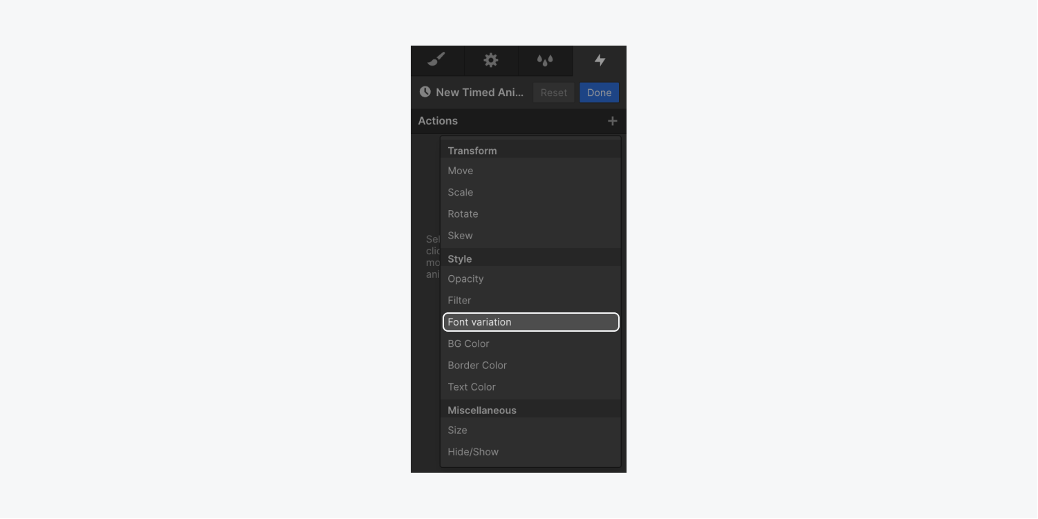 The Font variation action is highlighted under “Style” actions in the animations builder.