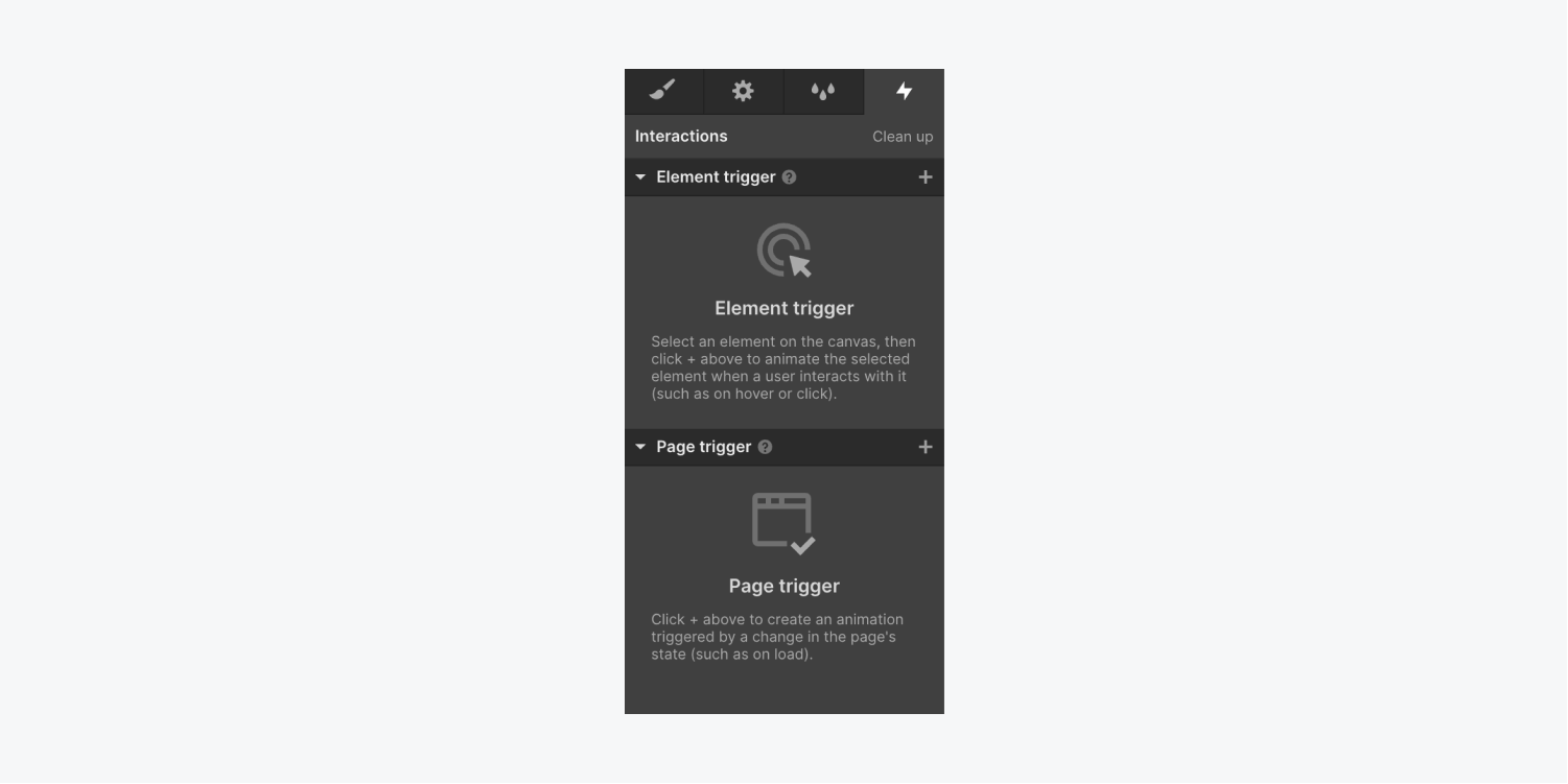 The Interactions panel contains no Interactions and provides options to add element triggers or page triggers.