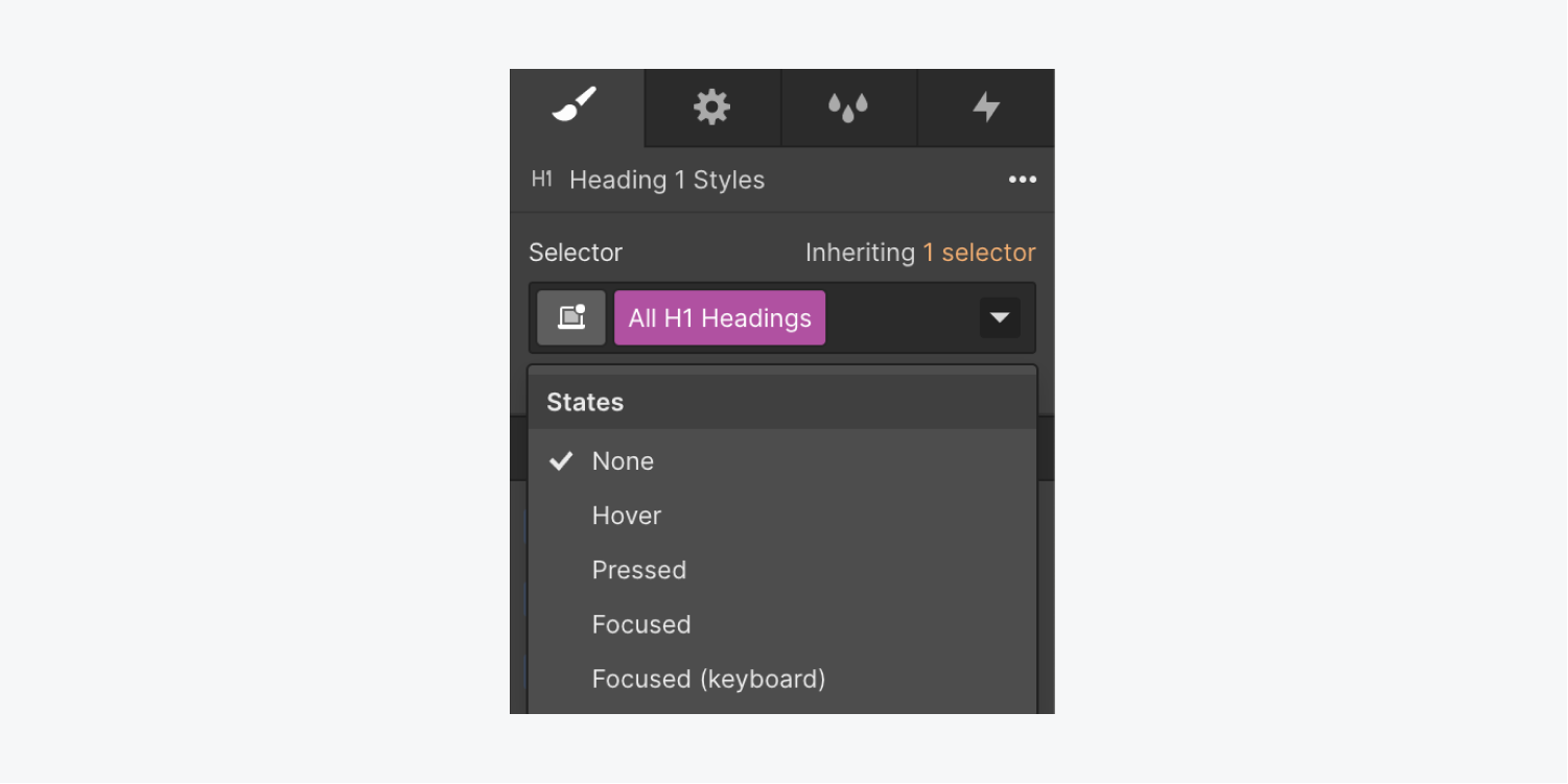 The Selector field and States dropdown indicate that the default “None” state is currently being edited.