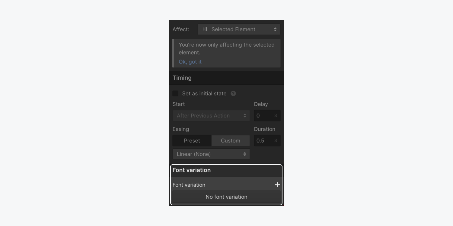 The Font variation section highlighted within the animations builder.