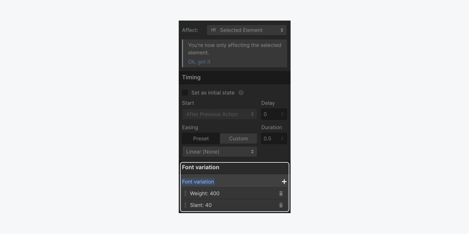 Weight and slant font variations appear under the Font variation section of the animations builder.