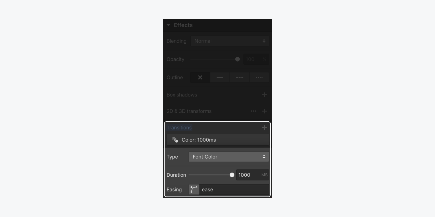 The editing menu for a custom “Font Color” transition.