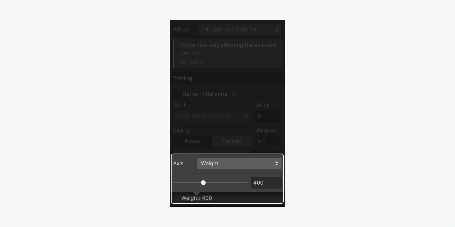 The editing menu for a custom Weight axis font variation in the animations builder.