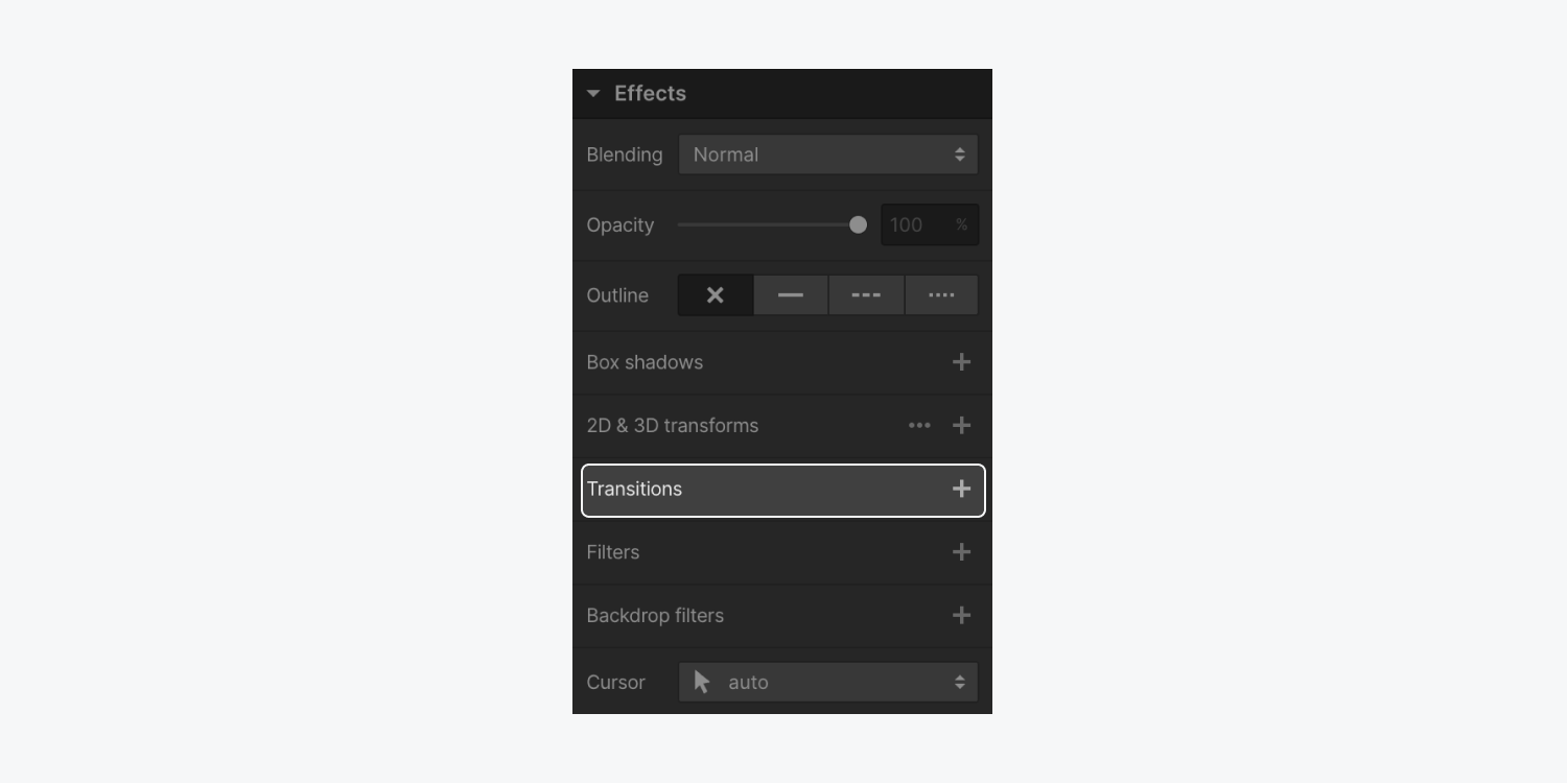 Transitions are highlighted under the Effects section of the Style panel.