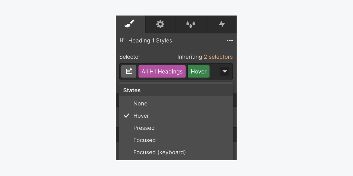 The Selector field and States dropdown show that the Hover state is currently being edited.