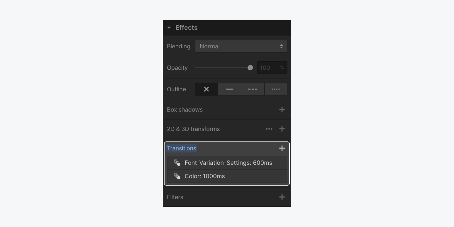 Font-variation-settings and font color transitions appear under Transitions in the Effects section of the Style panel.