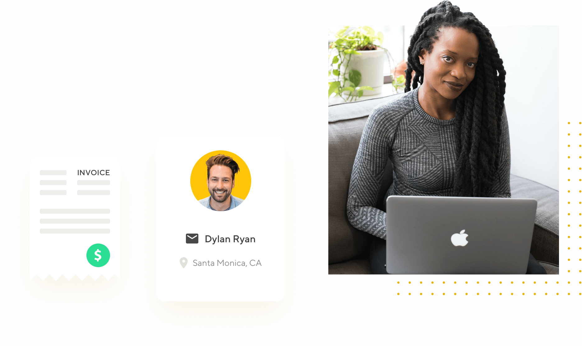 woman with a laptop using Tispr's freelancer tool and an illustration of Tispr's invoicing tool and freelancer profile