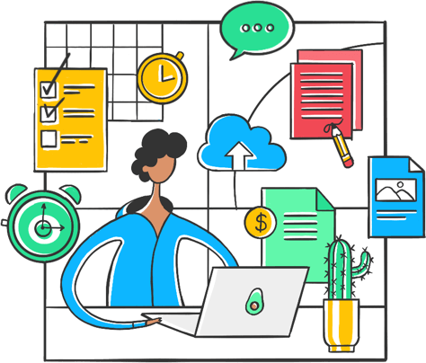 illustration of freelancer sitting at their desk with icons of tispr's invoicing, time tracking, to do list, and drive features