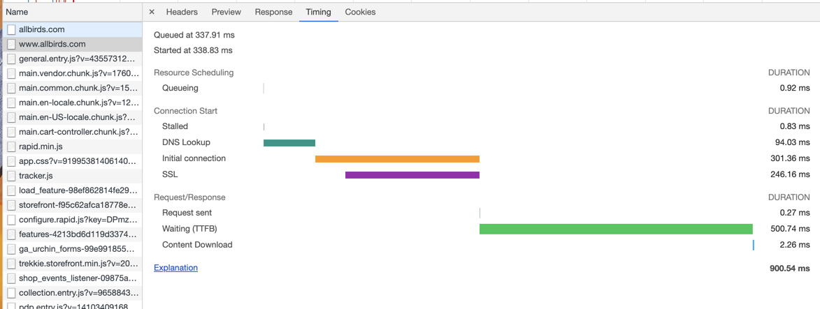 Looking at Time to First Byte in the TIMING view