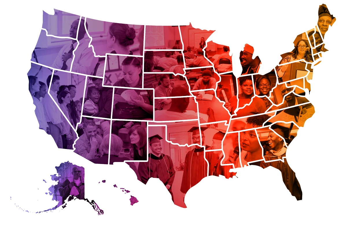 Map with faces of students and practitioners