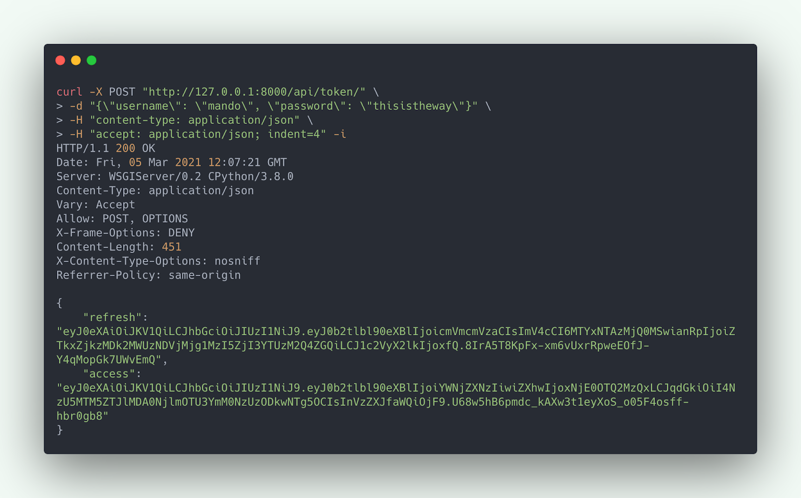 HTTP request (curl) to issue JWT using username and password