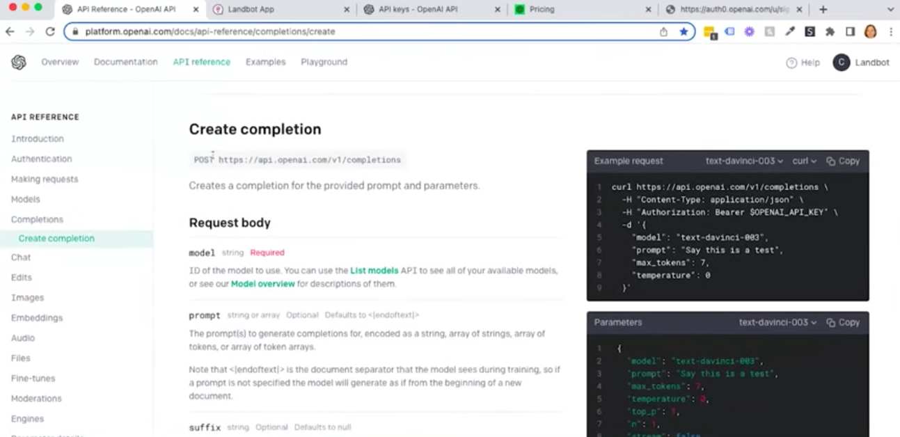 open ai gpt completion api para chatbot