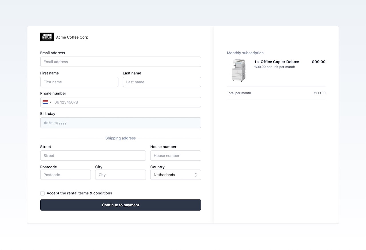 Overview of Firmhouse Check-out page for Recurring Commerce.