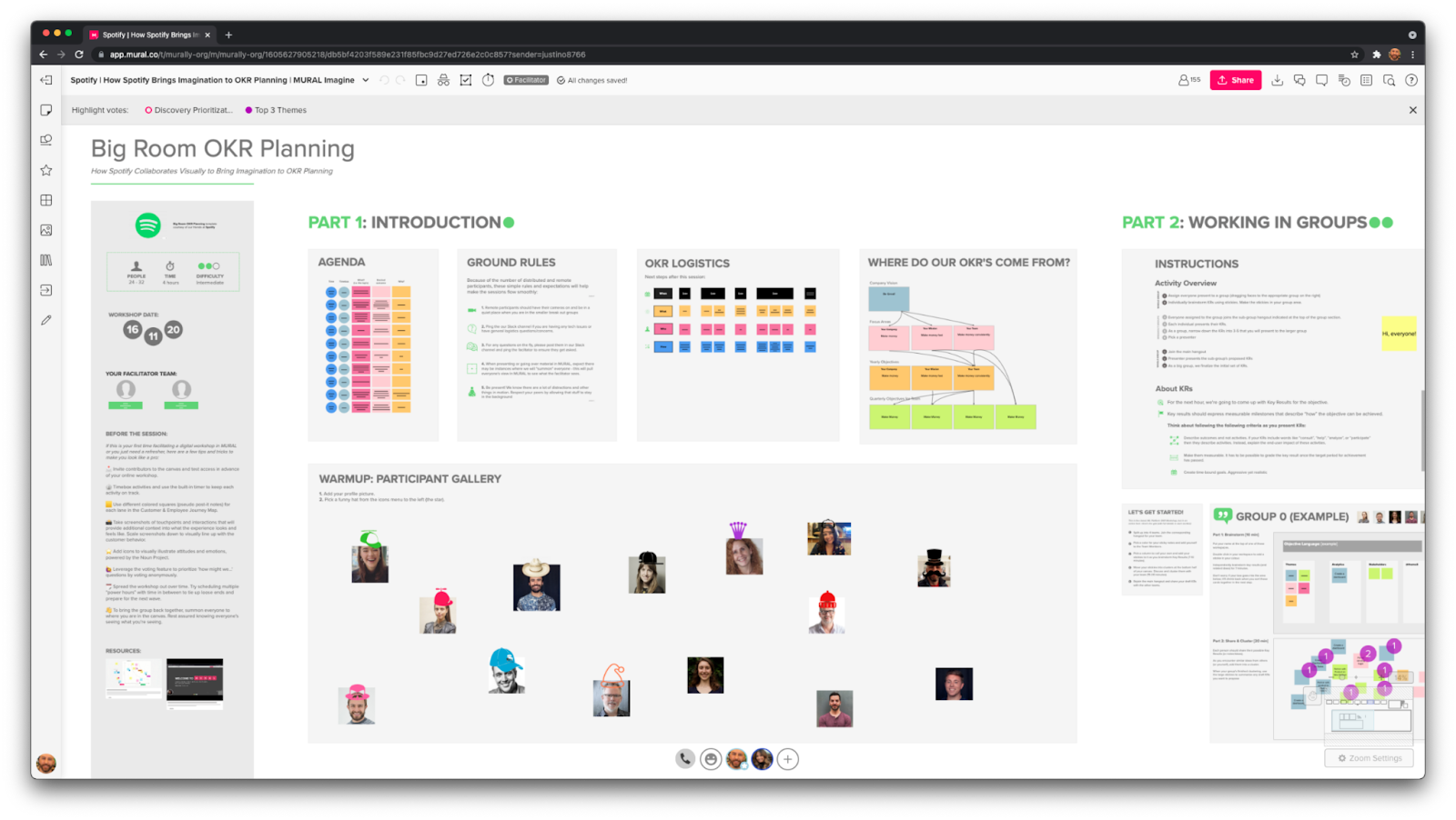 A screenshot of the Big Room OKR Planning template in MURAL from Spotify's revenue team.